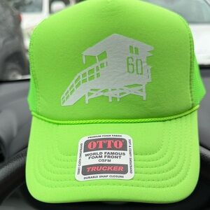 Unisex OTTO Neon Green Trucker Hat with White Lifeguard Tower Graphic
